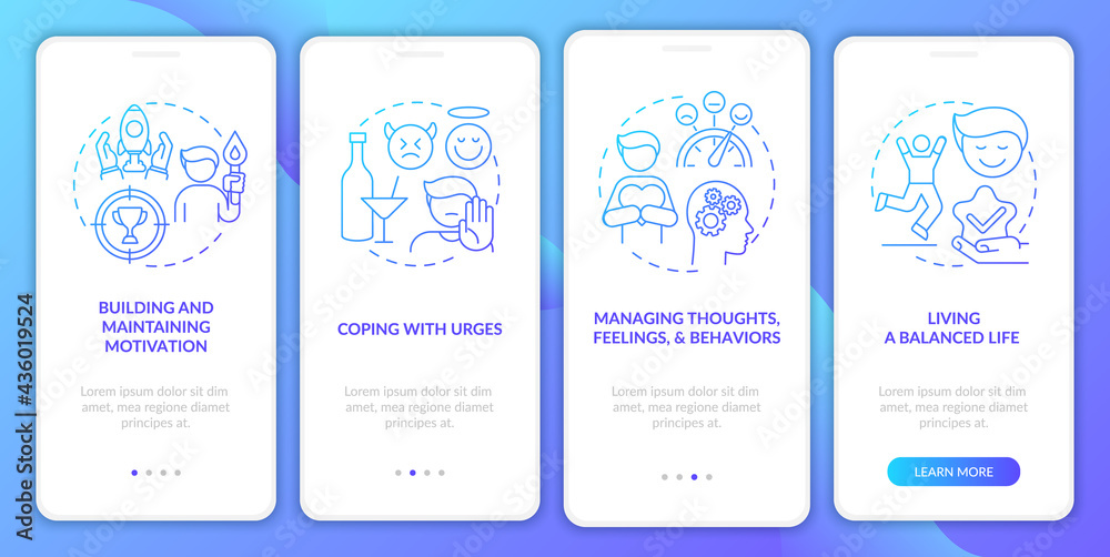 Addiction recovery steps methods onboarding mobile app page screen with concepts. Balanced life walkthrough 4 steps graphic instructions. UI, UX, GUI vector template with linear color illustrations