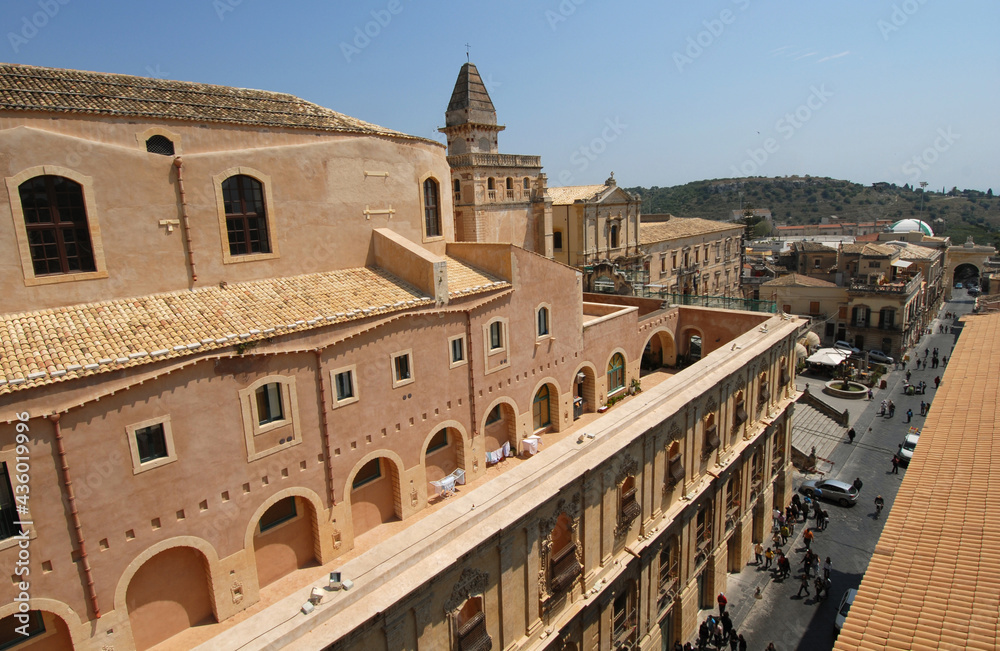 The monastic complex including the Church of the Most Holy Savior, the Seminary of the Diocese of Noto and the former Benedictine Monastery of San Salvatore.