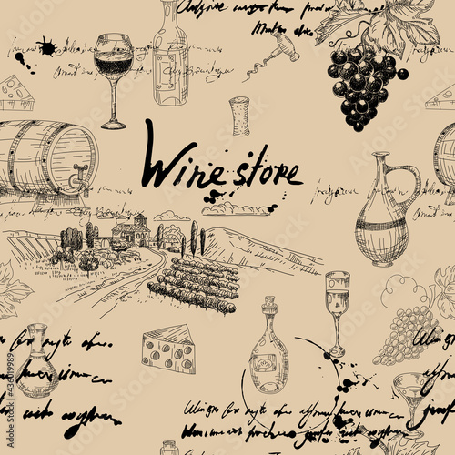 Seamless pattern Wine grape branche, bottles, glasses, vineyard, unreadable text, wooden barrel, chees, corkscrew. Doodle sketch hand drawing. Vector illustartion isolated retro