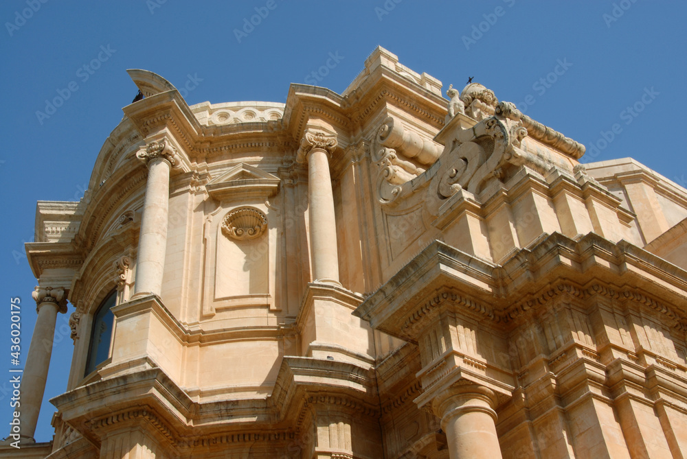ornaments and columns of baroque architecture of the Church of San Domenico in the historic center of Noto