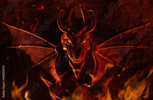 3d render illustration of dragon wall sculpture in fire and ashes. photo