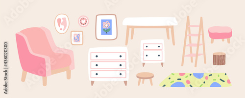 Living room furniture. Interior decoration isolated. Trendy hugge style, vintage urban cozy livingroom. Hand drawn flat. Set collection. Whire, pink, beige, blue, brown colors. Print, poster, banner.