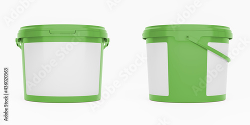 Green 3,5l plastic paint can / bucket / container with handle and blank label, isolated on white background.	
 photo