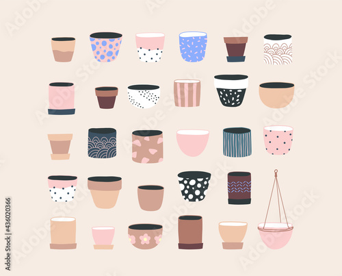 Home plant flowerpots. Ceramic craft pots isolated. Trendy hugge style, urban jungle decor. Hand drawn. Set collection. Blue, pink, brown, beige, white, black pastel colors. Print, poster.