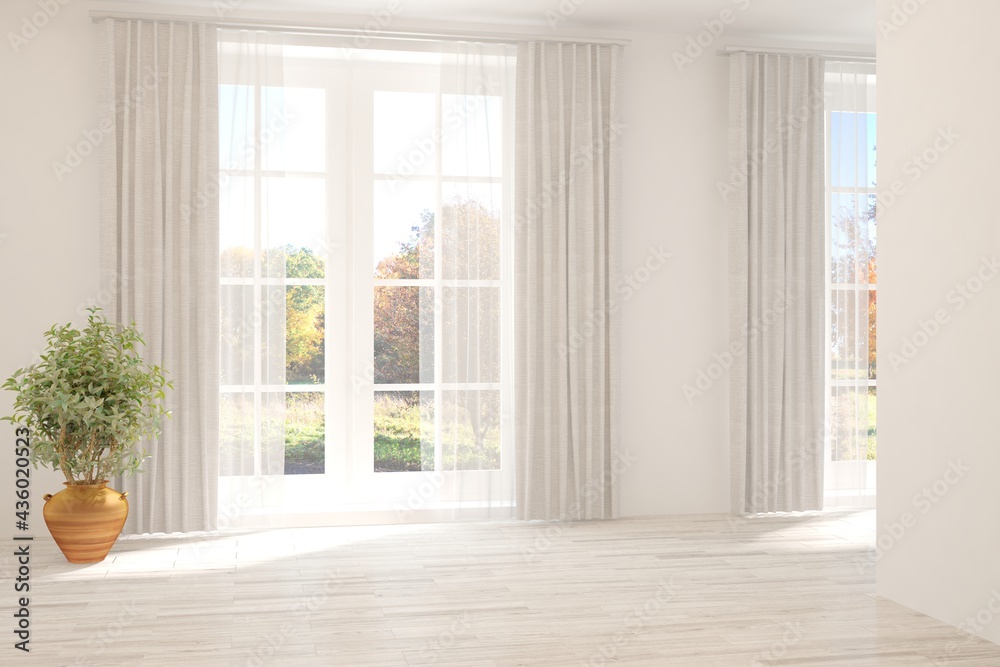 Fototapeta premium Stylish empty room in white color with autumn landscape in window. Scandinavian interior design. 3D illustration