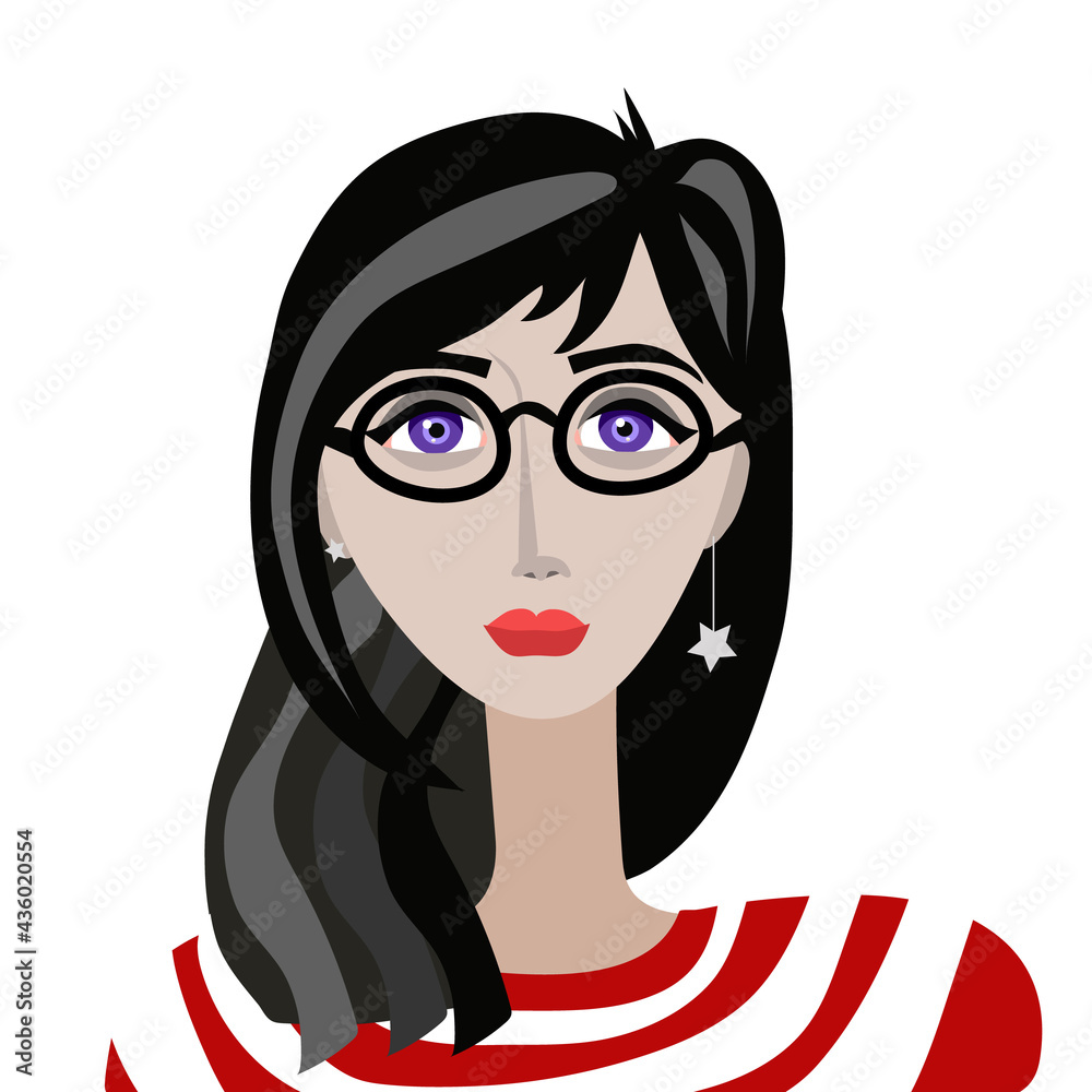 Vector black haired girl in red and white blouse and eyeglasses Vector black haired girl in red and white blouse and eyeglasses