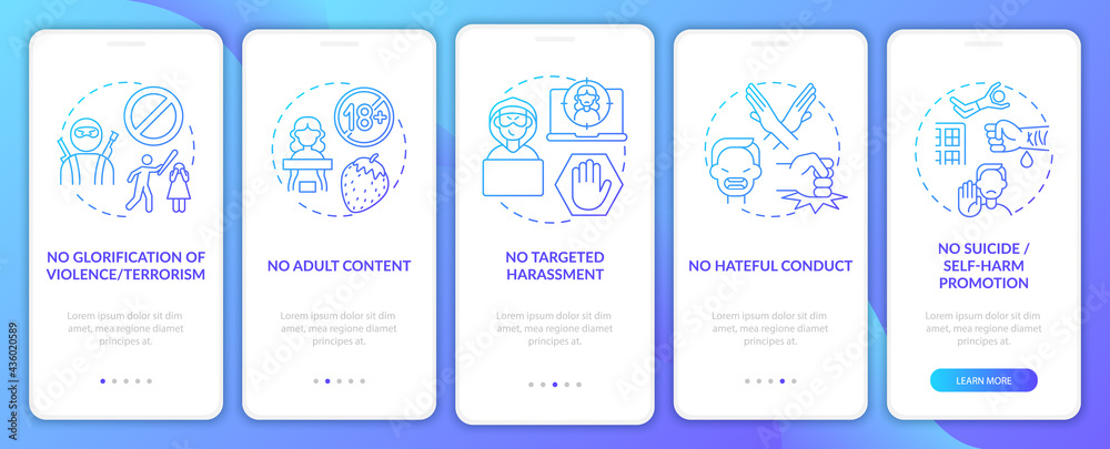 Social media safety onboarding mobile app page screen with concepts. No suicide promotion walkthrough 5 steps graphic instructions. UI, UX, GUI vector template with linear color illustrations