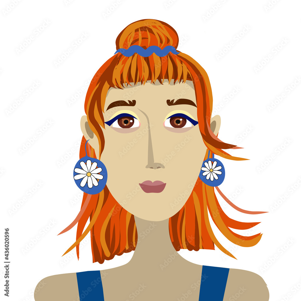 Vector red hair girl with daisy earrings Vector red hair girl with daisy earrings