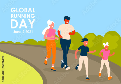 Global Running Day. Happy family running in the park. Father, Mother, Son and Daughter leads an active and healthy lifestyle. Vector illustration in flat style for poster, banner, greeting card.