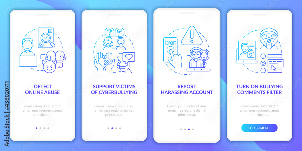 Cyberviolence prevention onboarding mobile app page screen with concepts. Harassing account report walkthrough 4 steps graphic instructions. UI, UX, GUI vector template with linear color illustrations
