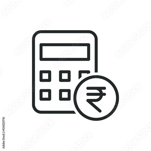 Rupee coin with calculator. Budget, accounting line icon. Money calculation symbol concept isolated on white background. Vector illustration