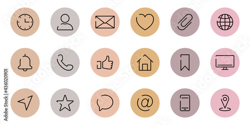 Instagram Highlights Cover Icons. Set of Website Contact Info Icons. Highlights Stories Covers Line Pictogram for Business Card. Editable stroke. Vector illustration