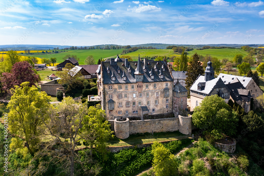Aerial view, Medieval castle Eisenbach, Lauterbach, Vogelsberg, Hesse, Germany, - obrazy, fototapety, plakaty 