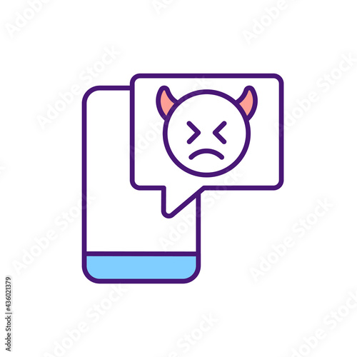 Online harassment using mobile phones RGB color icon. Cyberbullying through text messages and apps. Posting hurtful information and rude video about someone. Isolated vector illustration