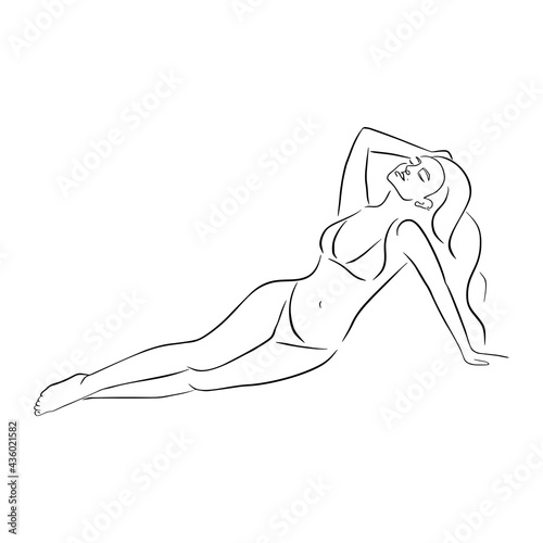 Line Art of a Lying Woman in Bikini. Contour drawing of relaxing beautiful young woman. Hand drawn isolated vector illustrations for logo, emblem template, web, prints