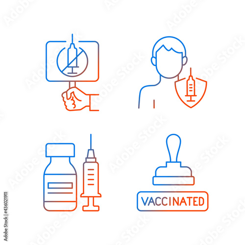 Immunization against virus gradient linear vector icons set. Anti vaxxer protest. Adult vaccination. Thin line contour symbols bundle. Isolated vector outline illustrations collection