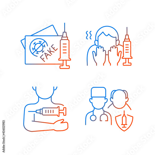 Vaccine inoculation gradient linear vector icons set. Fake vaccinated tourist passport. Fear of needle. Thin line contour symbols bundle. Isolated vector outline illustrations collection