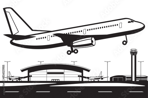 Aircraft landing on runway at airport - vector illustration