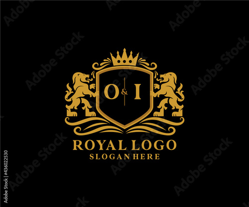 Initial OI Letter Lion Royal Luxury Logo template in vector art for Restaurant, Royalty, Boutique, Cafe, Hotel, Heraldic, Jewelry, Fashion and other vector illustration.