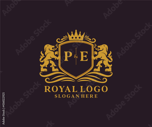 Initial PE Letter Lion Royal Luxury Logo template in vector art for Restaurant, Royalty, Boutique, Cafe, Hotel, Heraldic, Jewelry, Fashion and other vector illustration.