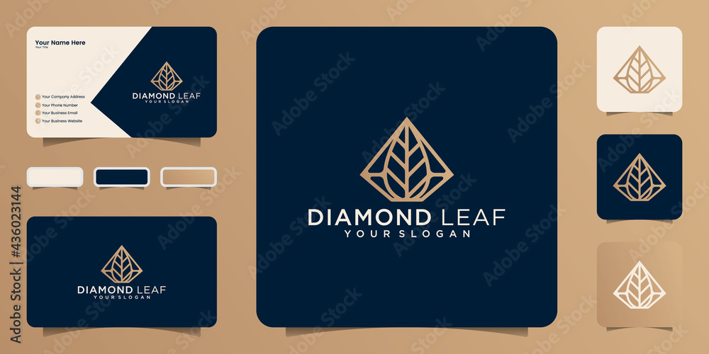 diamond leaf shape with gold color outline style icon design and business card diamond leaf shape with gold color outline style icon design and business card