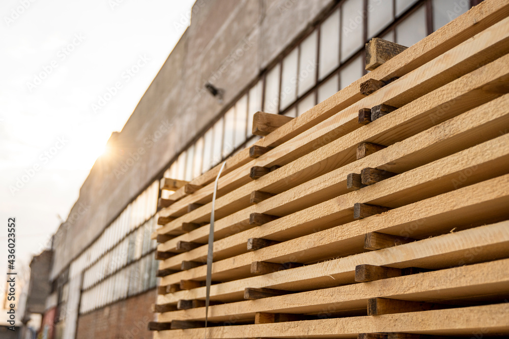 Storage of piles of wooden boards on the sawmill. Boards are stacked in a carpentry shop. Sawing drying and marketing of wood. Pine lumber for furniture production, construction. Lumber Industry. Storage of piles of wooden boards on the sawmill. Boards are stacked in a carpentry shop. Sawing drying and marketing of wood. Pine lumber for furniture production, construction. Lumber Industry.