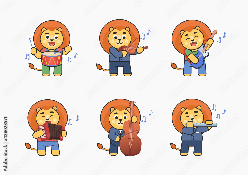 Set of lion characters playing on various musical instruments. Cute lion playing on drum, guitar, violin, flute, accordion, double bass. Vector illustration Set of lion characters playing on various musical instruments. Cute lion playing on drum, guitar, violin, flute, accordion, double bass. Vector illustration