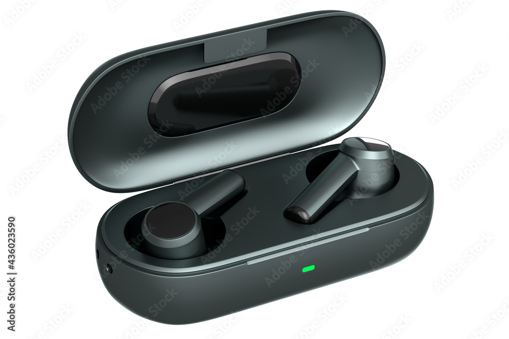 3D rendering of wireless earphones for workouts or listening streaming servicess 3D rendering of wireless earphones for workouts or listening streaming servicess