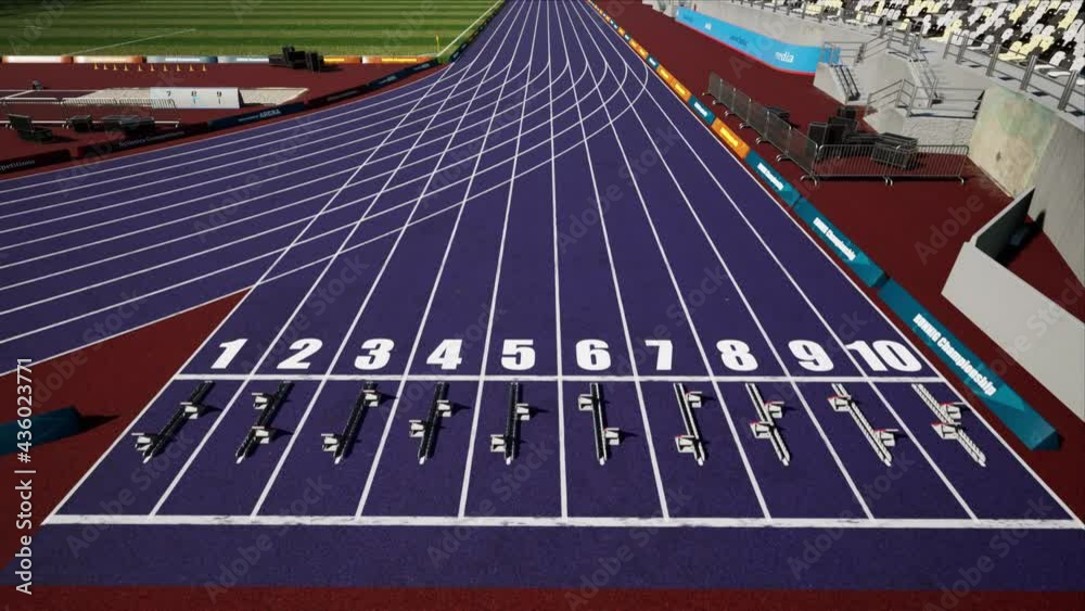 Sport outdoor athletics arena with start blocks on the runway. Stadium in the sunlight. High quality 4k footage