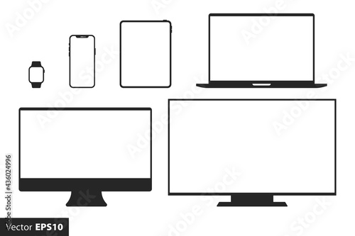 Devices collection smartwatch, smartphone, tablet, laptop, desktop computer and tv. Digital device icons set, flat style. Vector illustration