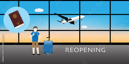 Reopening airplane travel after covid-19 vaccination. Illustration of tourist and luggage at airport with health passport.