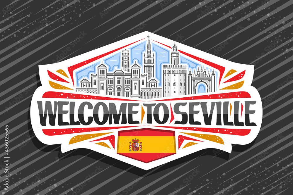 Vector logo for Seville, white decorative sign with illustration of seville city scape on day sky background, art design fridge magnet with unique brush lettering for black words welcome to seville.