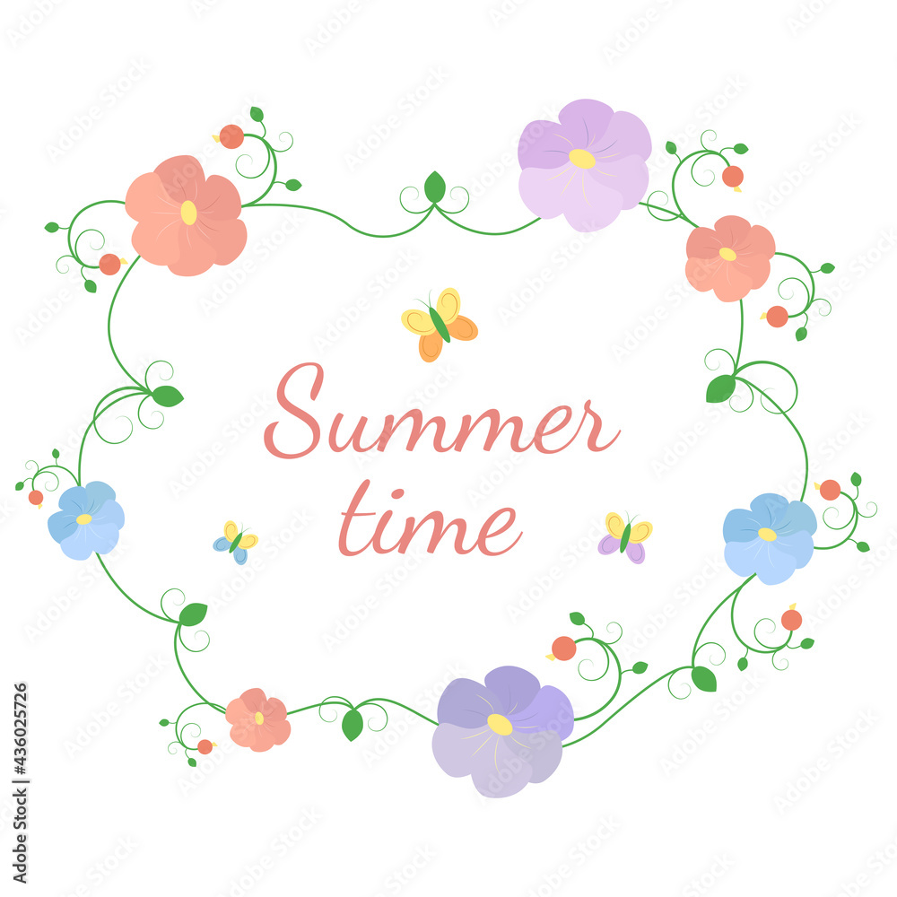 Summer time floral frame for postcard, invitation, baner, wedding design.