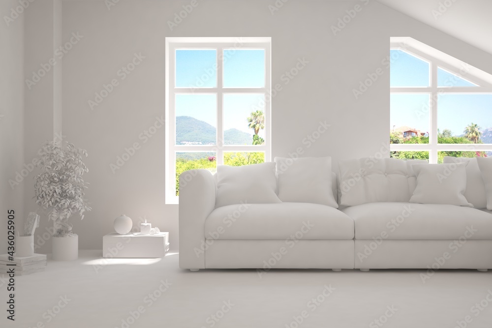 Fototapeta premium White living room with sofa and summer landscape in window. Scandinavian interior design. 3D illustration
