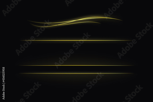 Vector set of different light lines and waves. Gold bright borders isolated on the dark background. It can be used as a decorative design element or divider.