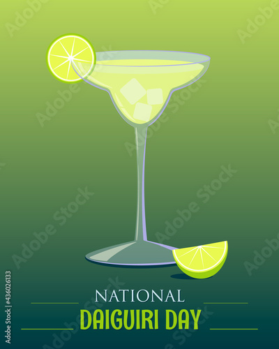 Alcoholic cocktail Daiquiri in a cocktail glass, decorated with a slice of lime.
Vector design in flat style for National Day of Alcoholic Cocktail Cuban Descent Daiquiri July 19.