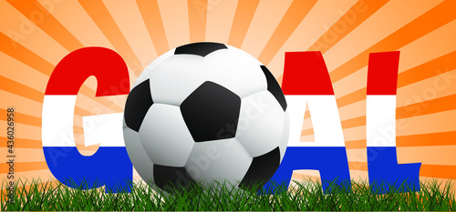 Slogan goal with football with flag of the Netherlands on green soccer grass field. Vector background banner. Sport finale wk, ek or school, sports game cup.  2021