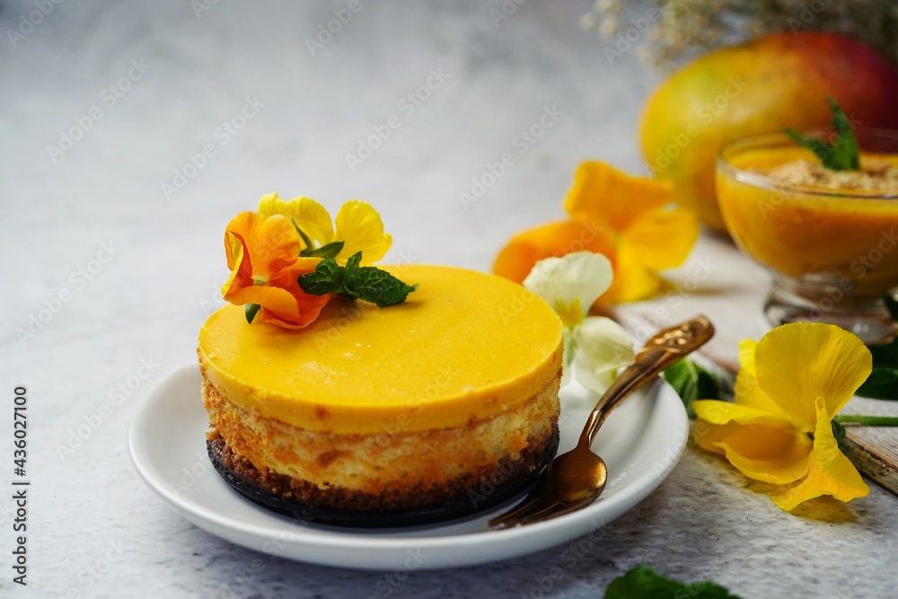 Homemade Mango Mousse Cake - Summer desserts, selective focus