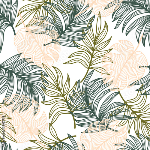 Summer seamless tropical pattern with bright colorful plants and leaves on a light background. Beautiful print with hand drawn exotic plants. Trendy summer Hawaii print.