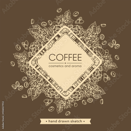 Square with coffee lettering with some coffee branches and beans around