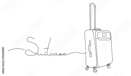 a suitcase drawn by hand in a single line isolated on a white background. Lettering the word suitcase. suitcase outline