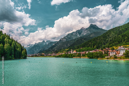 Panoramic view of the Auronzo lake in the Dolomites, Italy.