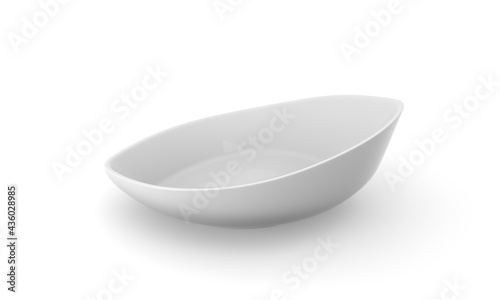 Modern curve bowl, Empty white bowl in oval shape isolated on white background with clipping path, Side view.3d illustraton.