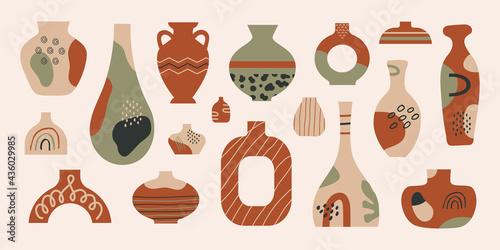 Modern collection  ceramic vases with abstract  various doodle shapes and lines. Minimalist antique ceramic pottery for interior. Vector illustration