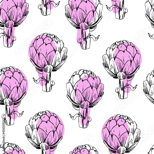 Artichoke sketch seamless pattern. Drawn artichokes isolated on white background. Abstract colored spots. Black vector background