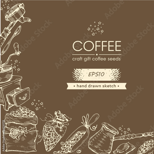 Coffee craft, gift. Coffee seeds and tools.