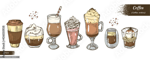 Coffea arabica, different drinks on white background.