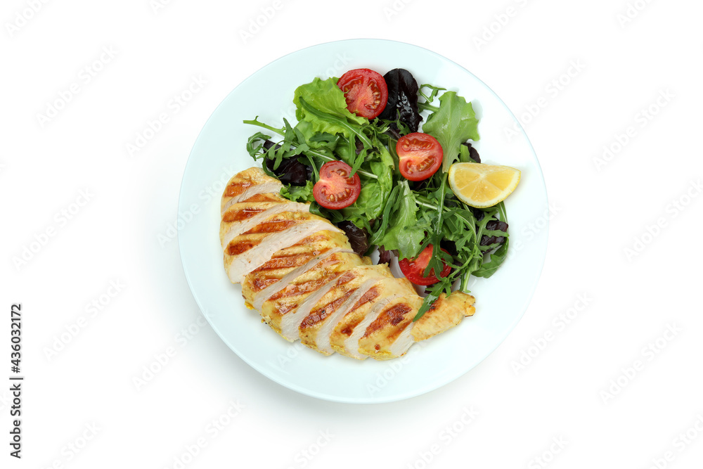 Salad with grilled chicken isolated on white background