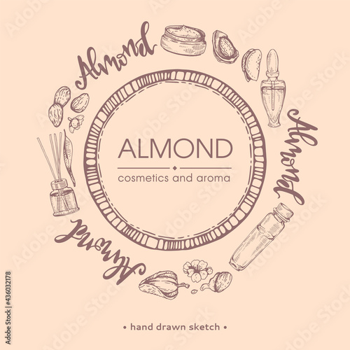 Circle surrounded with almond nuts, cosmetics and lettering with white lettering inside