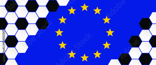 Soccer ball on blue background with the flag of europe. Football net pattern. Flat vector wk, ek banner. Sports game cup. Honeycomb cells hexagon pattern. Red background. Soccer foot ball 2021.
